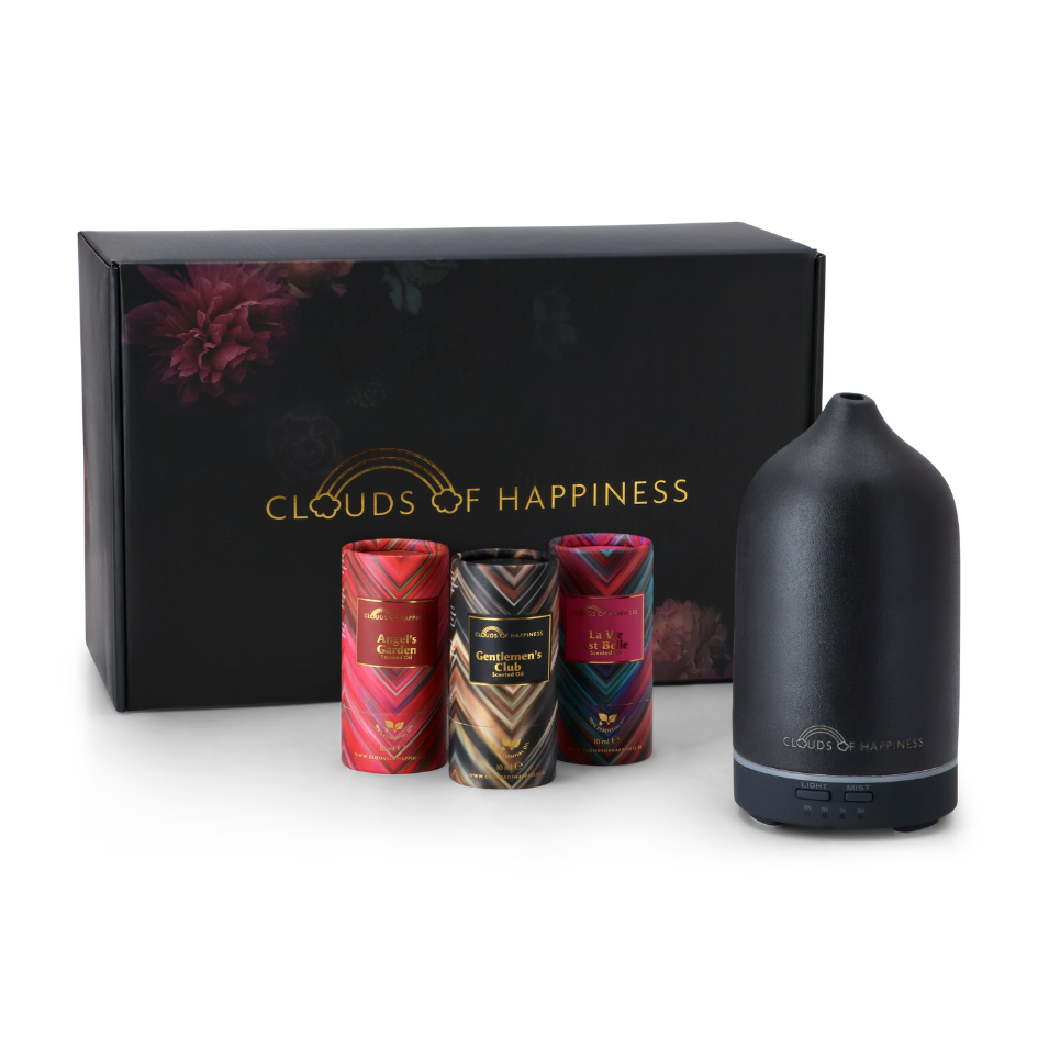 Geschenkbox Aromadiffusor aus schwarzer Keramik + La Vie est belle + Angels Garden + Gentlemans Club